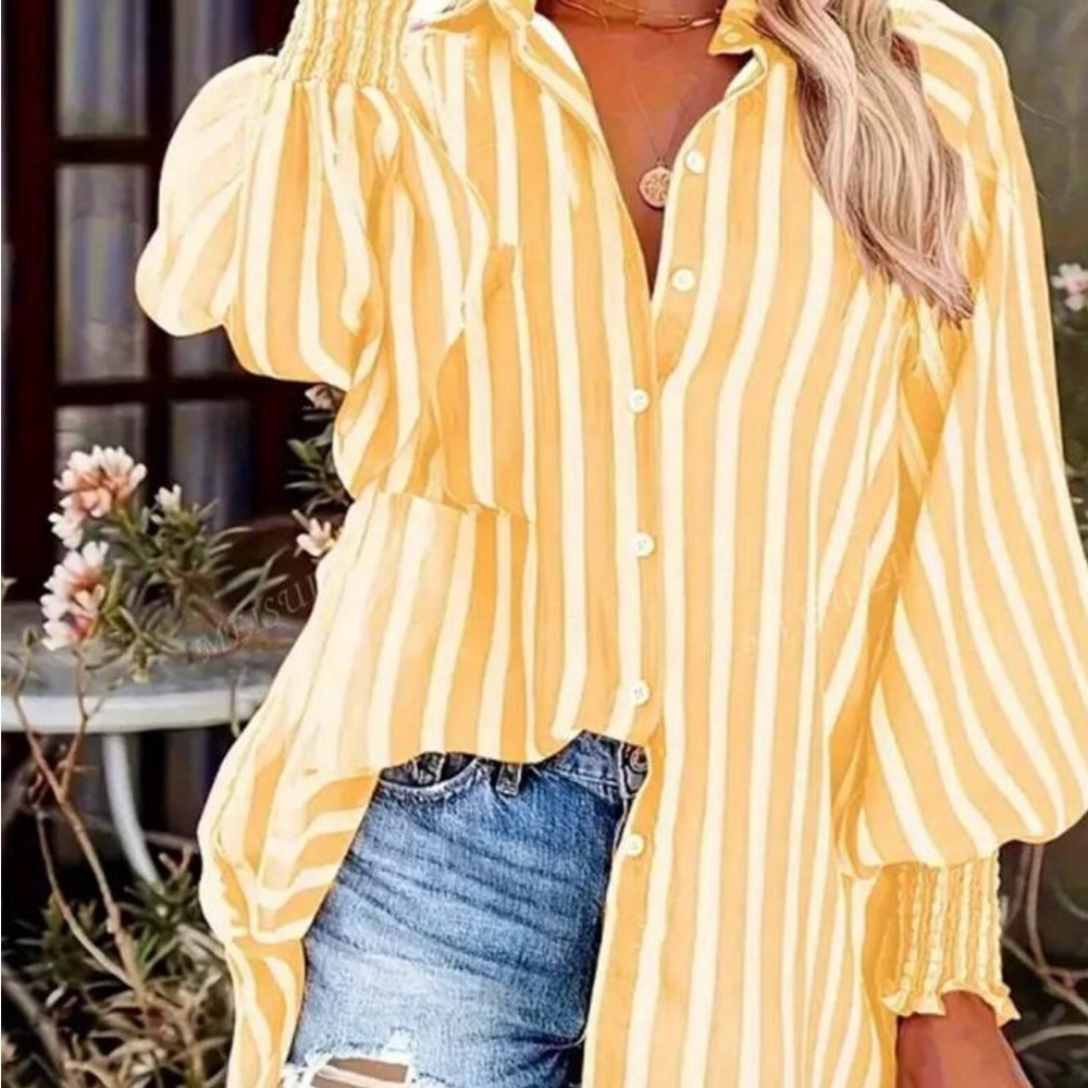 SHEIN Yellow and White Puff Sleeve Button Down Shirt